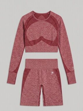 Gymshark Maroon Heather Seamless Long Sleeve Crop Top & High-Waist Biker Shorts